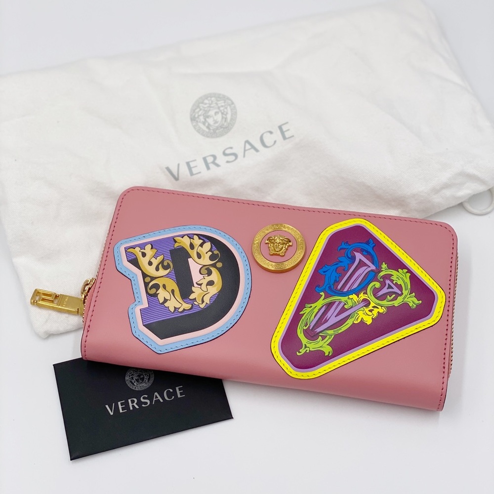 Versace Pink Patchwork Zip Around Leather Wallet